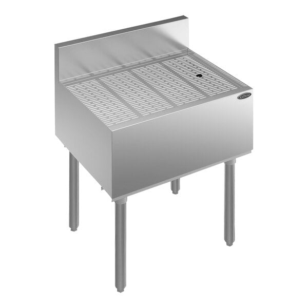 A Krowne stainless steel underbar drainboard with legs.