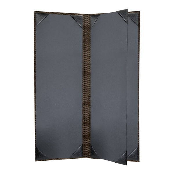 A grey rectangular menu cover with a black border and brown corners.