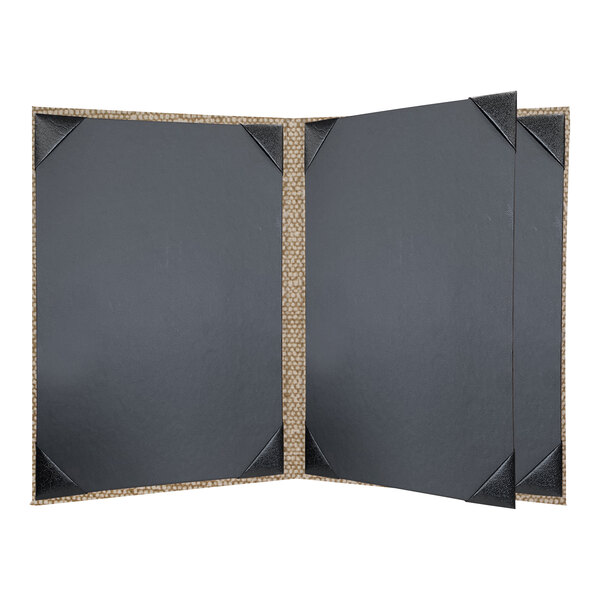 A black rectangular menu cover with brown corners and a black border.