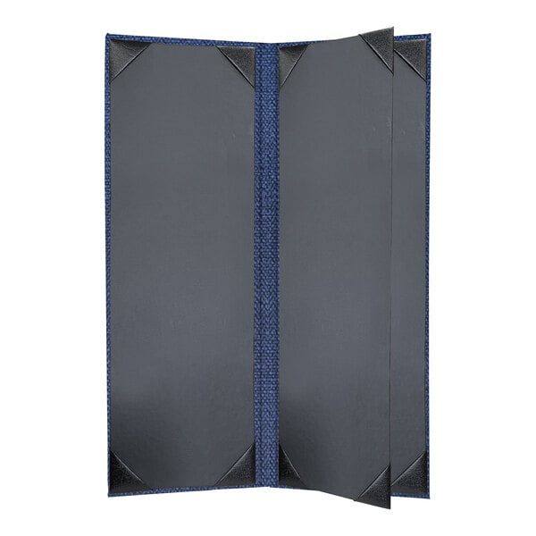 A black and blue fabric menu cover with four pages.