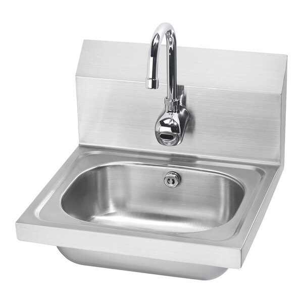 A Krowne stainless steel wall-mounted hand sink with a Royal Series electronic sensor faucet.