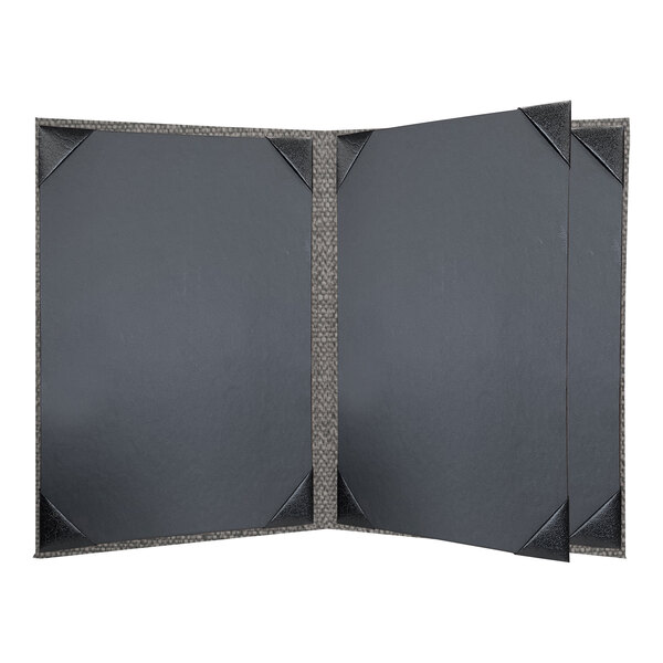 A grey rectangular menu cover with a black border and corners.