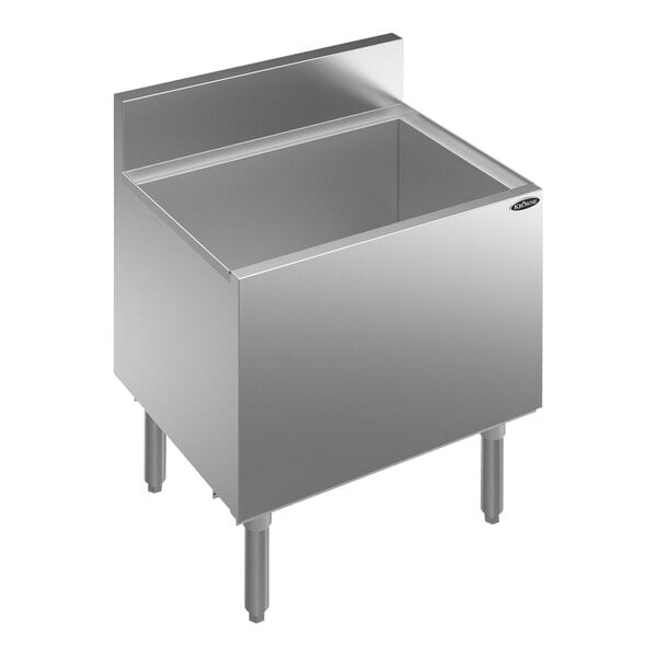 A stainless steel Krowne Royal Series underbar ice bin with a 10 circuit post-mix cold plate and a drain on top.