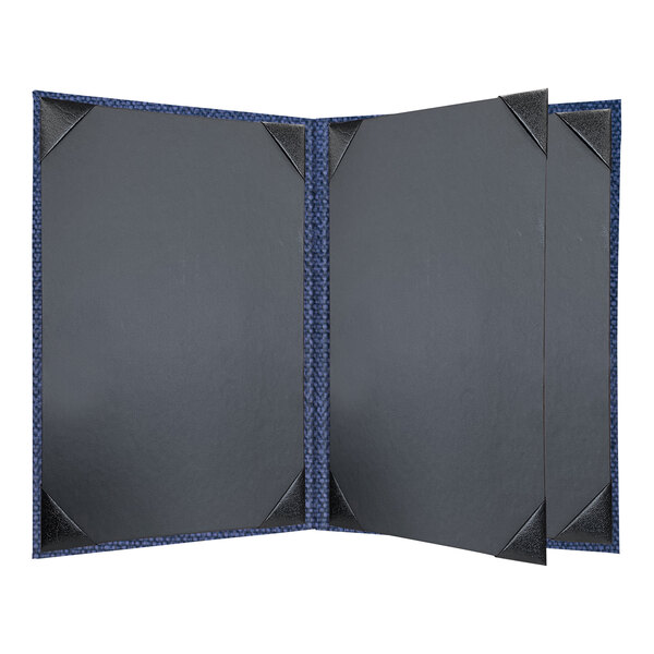 A black menu cover with blue trim and corners.