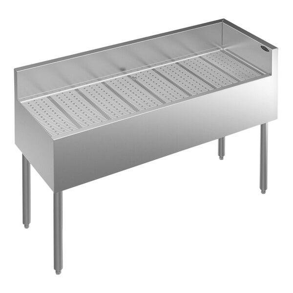 A Krowne stainless steel underbar corner drainboard with a right return.