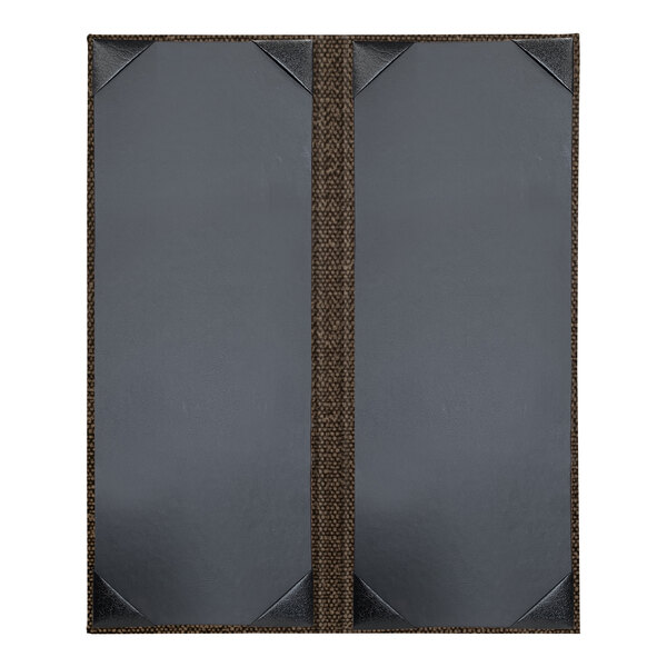 A grey rectangular menu cover with black and brown leather inserts.