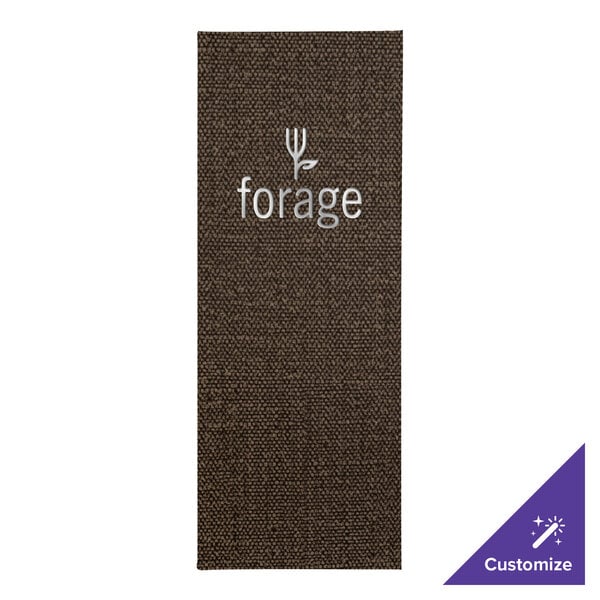 A brown fabric menu cover with a white logo on it.