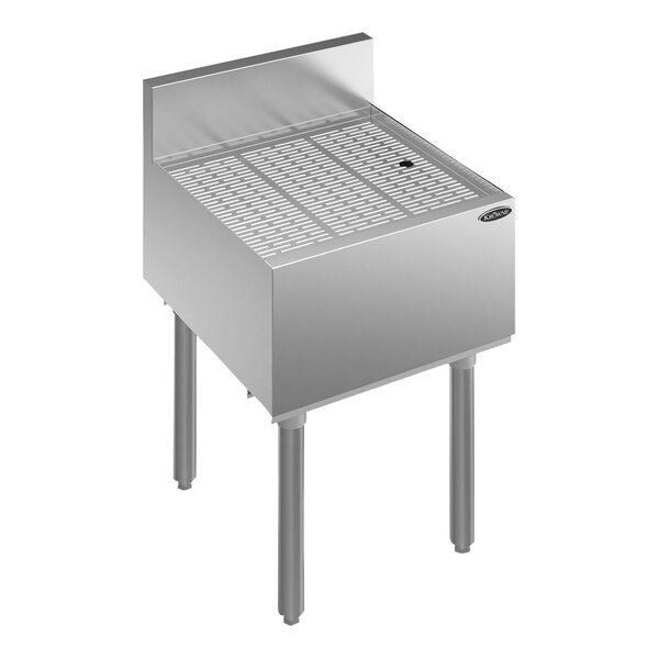 A Krowne stainless steel underbar drainboard with legs.