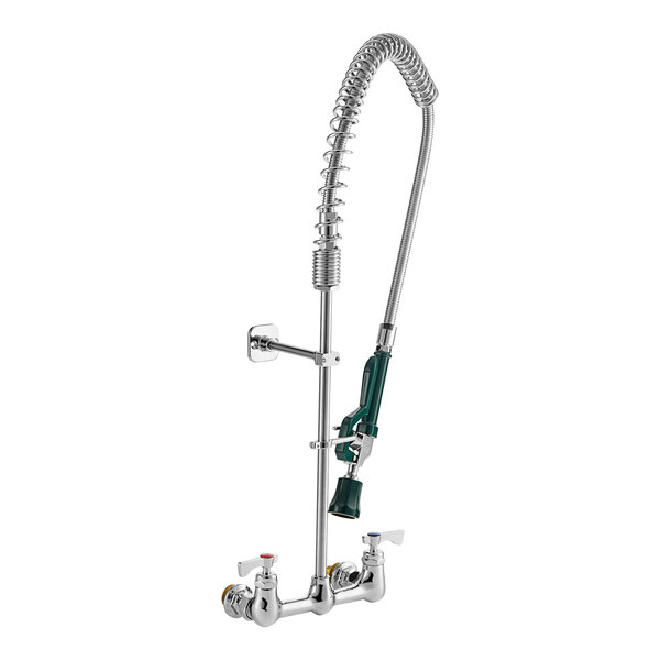 A Krowne Royal Series wall-mount pre-rinse faucet with a hose and sprayer.