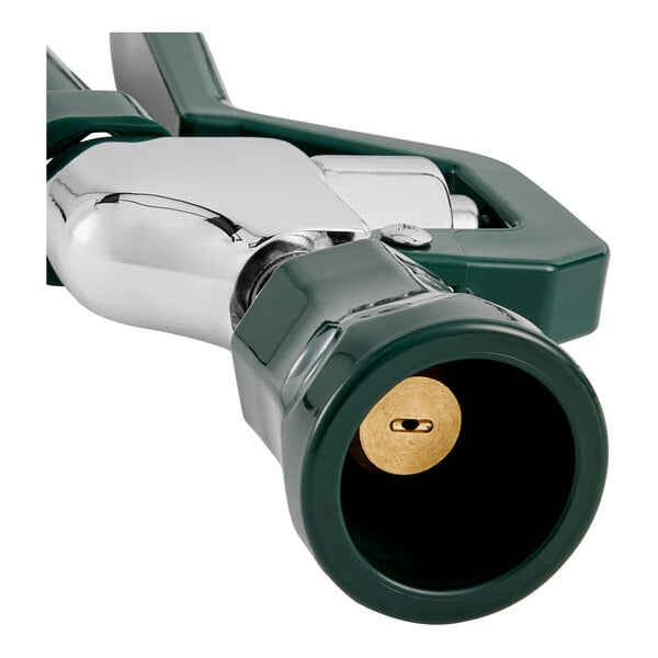 A Krowne Royal Series wall-mount pre-rinse faucet with a green and silver hose and nozzle.