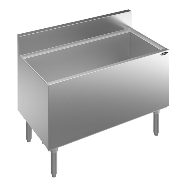 A Krowne Royal Series stainless steel underbar ice bin with a deep rectangular top.