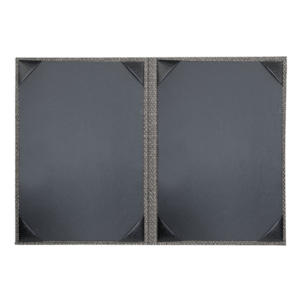 A grey rectangular menu cover with a black border and white inserts.