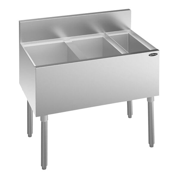 A Krowne Royal Series underbar ice bin with a stainless steel finish, 10 circuit cold plate, and left-side bin.