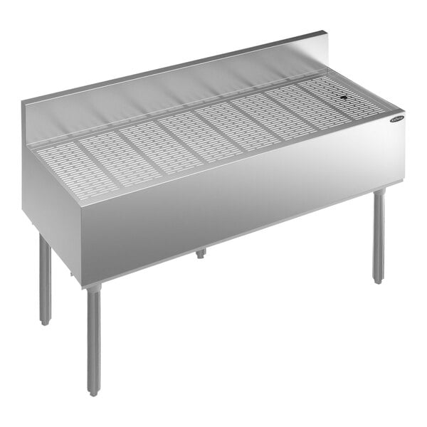 A Krowne stainless steel underbar drainboard with a drain and vent.