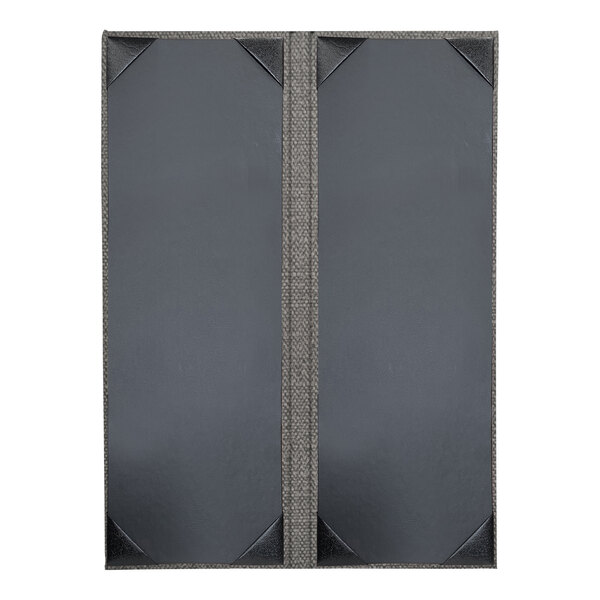 A black rectangular menu cover with a grey center and black stripe on white background.