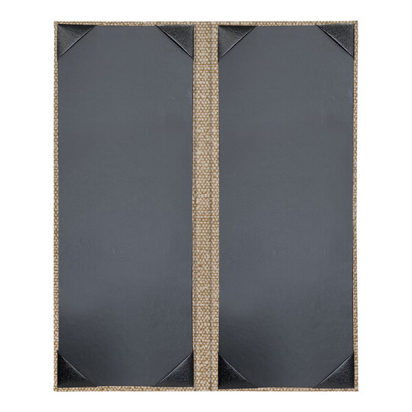 A black rectangular menu cover with brown corners.