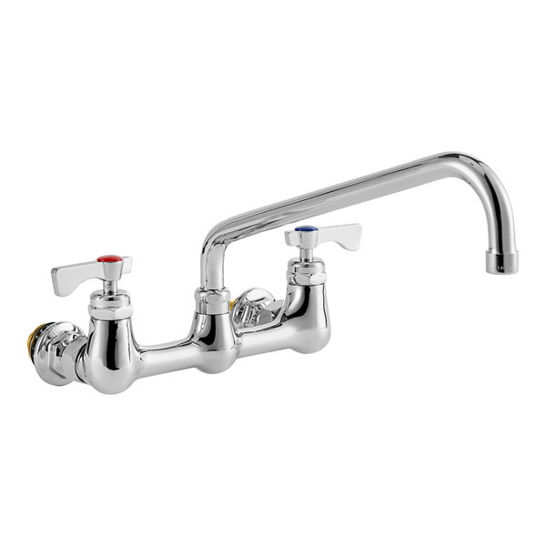 A close-up of a Krowne wall-mount faucet with lever handles and a swing nozzle.
