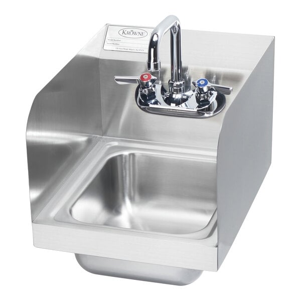A stainless steel Krowne hand sink with a faucet.