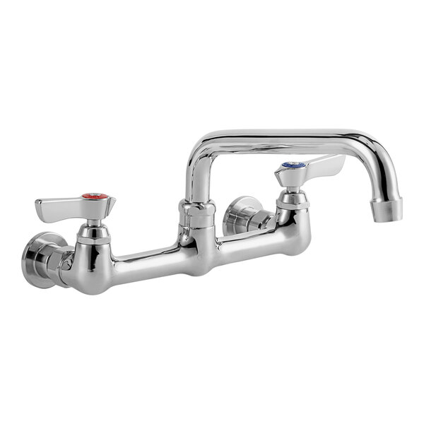A Krowne chrome wall-mount faucet with lever handles and an 8" swing nozzle.