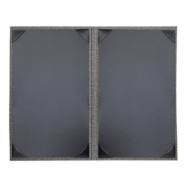 A grey rectangular menu cover with a black border holding two black and grey customizable plates.