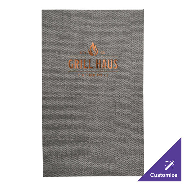A grey H. Risch, Inc. Milan menu cover with the logo "grillhaus" on a table in a steakhouse.