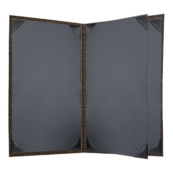 A grey rectangular menu cover with brown trim.