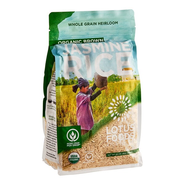 A bag of Lotus Foods Organic Long Grain Brown Jasmine Rice with a picture of a woman.