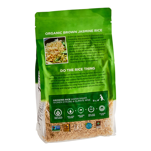 A bag of Lotus Foods Organic Long Grain Brown Jasmine Rice on a white background.