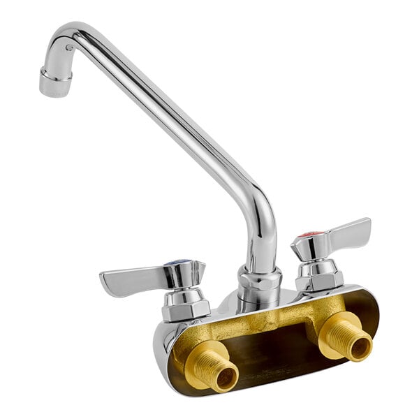 A Krowne wall-mount faucet with a 10" swing nozzle and lever handles.