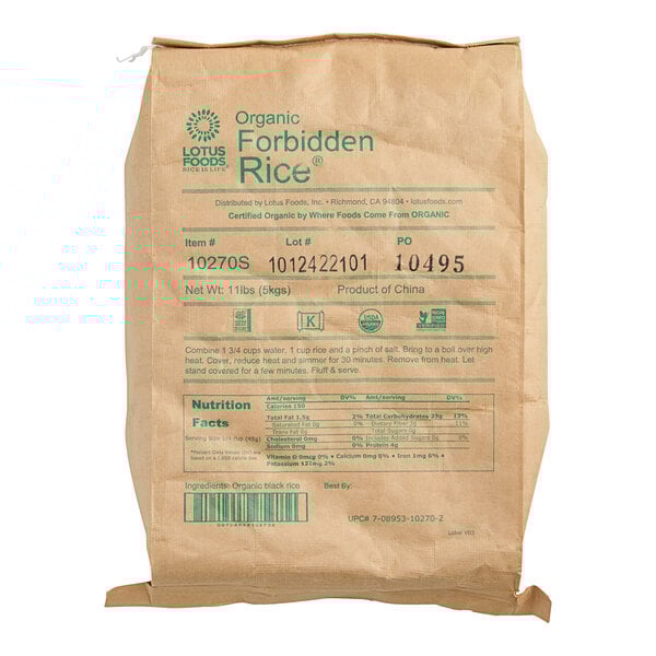 A brown Lotus Foods bag of organic Forbidden Rice.