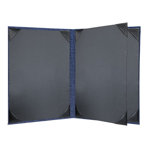 A black folder with blue corners and a blue cover.