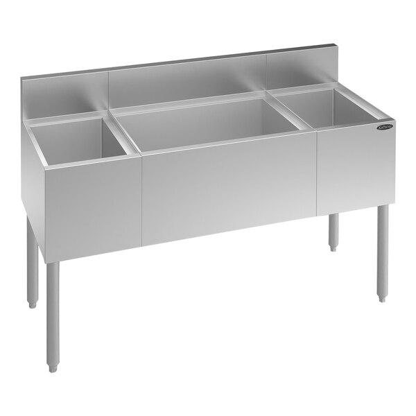 A stainless steel Krowne underbar ice bin with two bottle storage sections and a center bin.