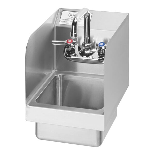 A Krowne stainless steel wall-mounted hand sink with side splashes and a faucet.