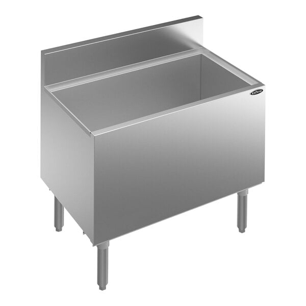 A stainless steel Krowne Royal Series underbar ice bin with a deep style and a drain on top.