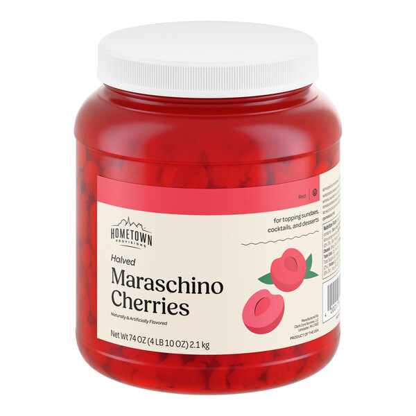 A large plastic jar of halved maraschino cherries with a white lid and a label indicating it is 74 ounces.