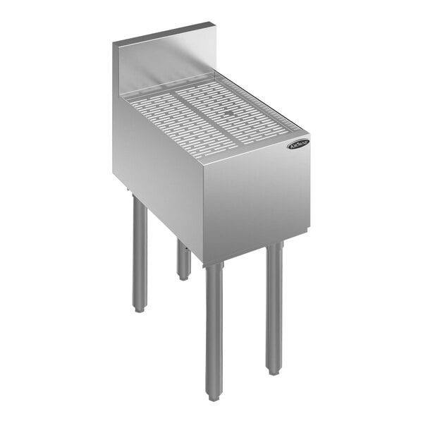 A Krowne stainless steel underbar drainboard with a drain on top.