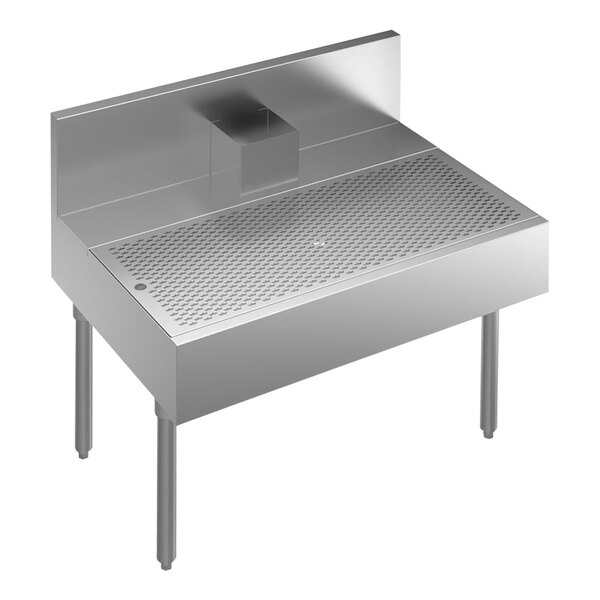 A Krowne stainless steel rectangular underbar beer drainer with a drain.