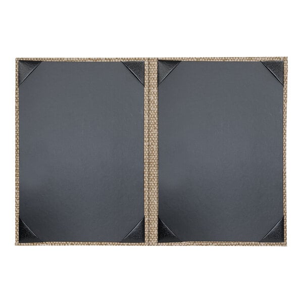 A black rectangular menu cover with a black border and corner corners.