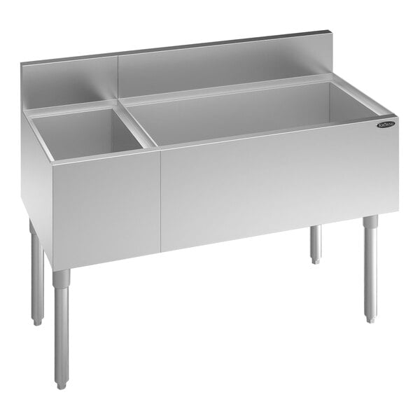 A Krowne Royal Series stainless steel underbar ice bin with right-side bottle storage and ice bin.