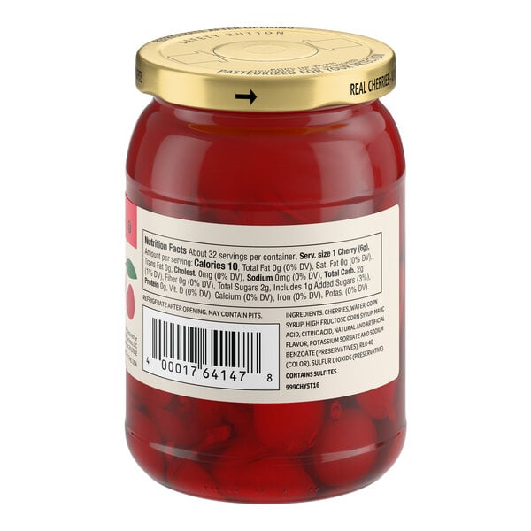 A 16-ounce jar of Regal maraschino cherries with stems.