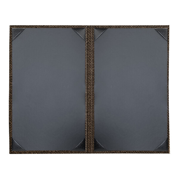 Two grey rectangular H. Risch, Inc. leather menu covers with brown edges.