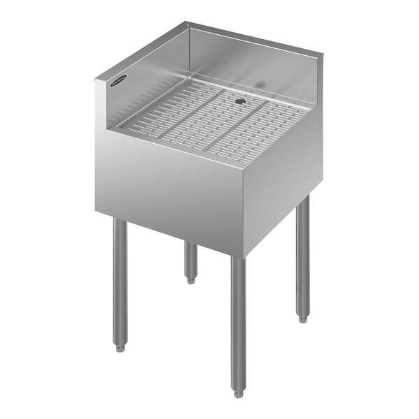 A Krowne stainless steel underbar corner sink with drain board and legs.