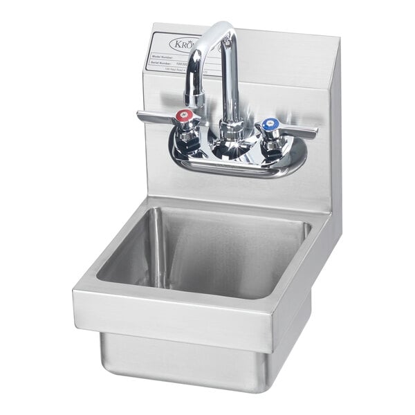 A Krowne stainless steel wall-mounted hand sink with a faucet.