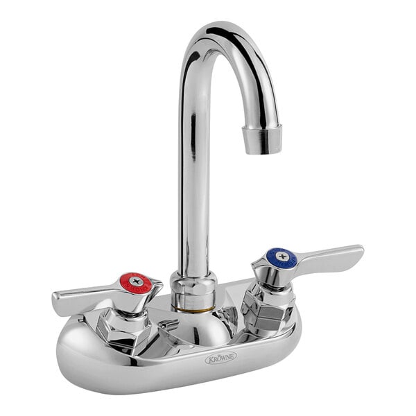 A silver Krowne wall-mount faucet with lever handles.