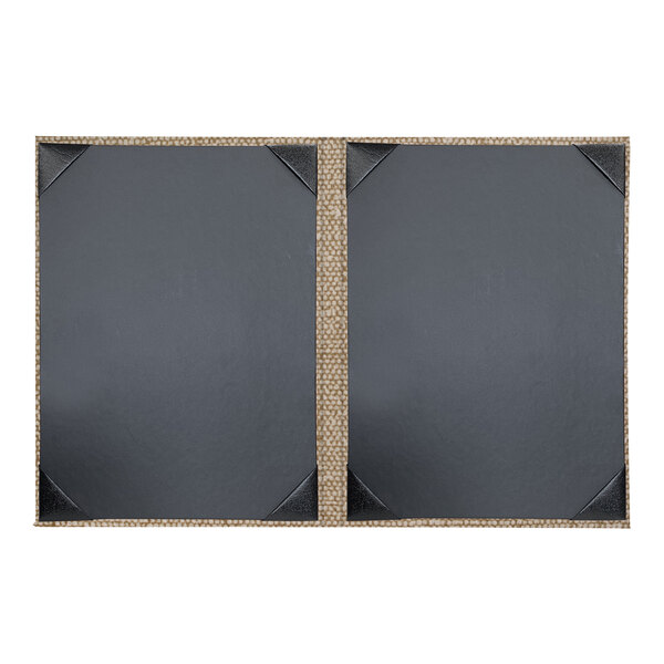 A black rectangular menu cover with two mineral corners.
