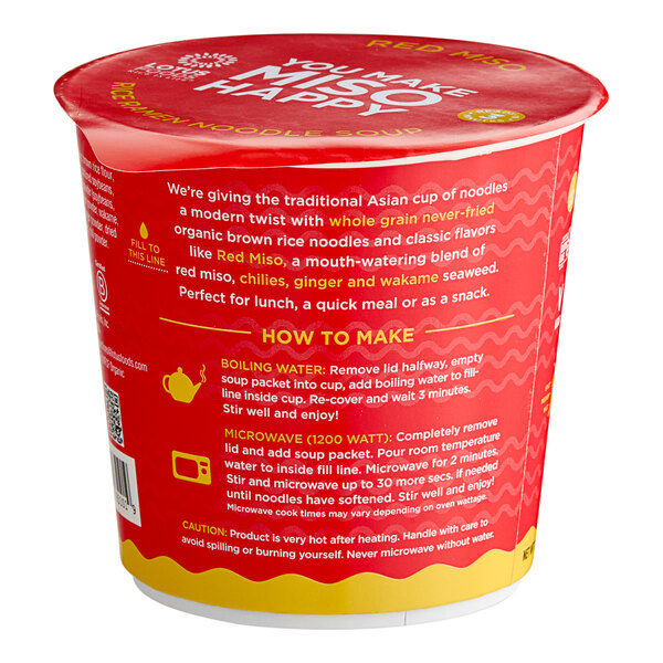 A red Lotus Foods cup with yellow and white text.