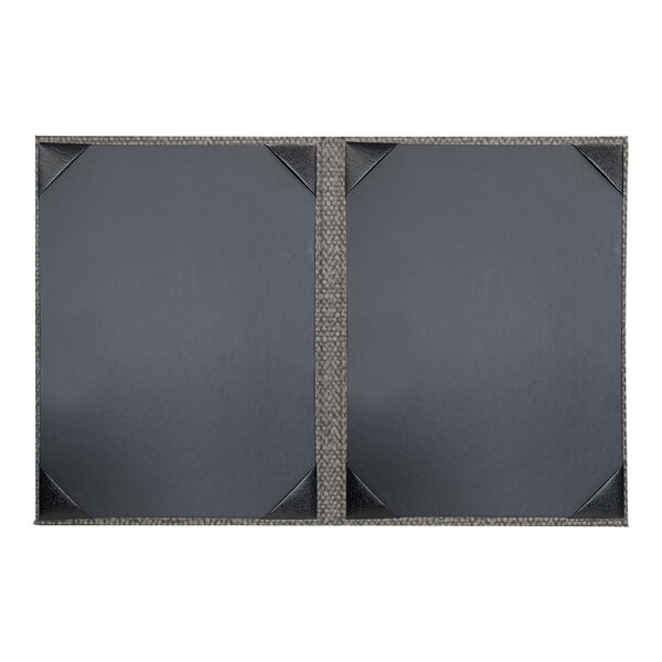 A black rectangular menu cover with a gray smoke design on the corners.