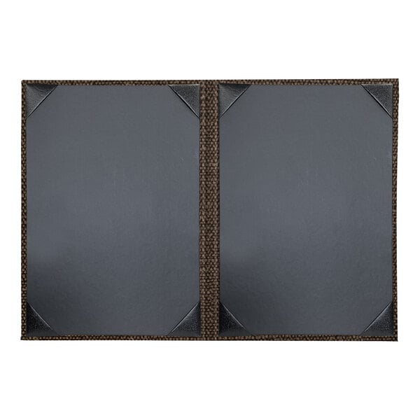 Two grey rectangular menu covers with black and brown trim.