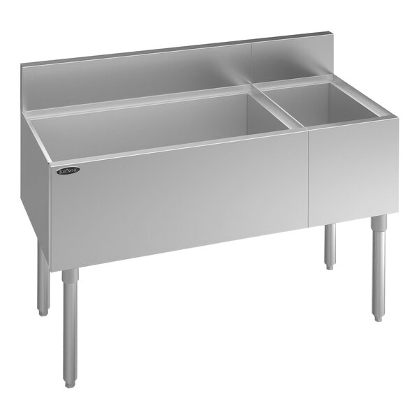 A Krowne Royal Series stainless steel underbar ice bin with bottle storage and a left-side bin.