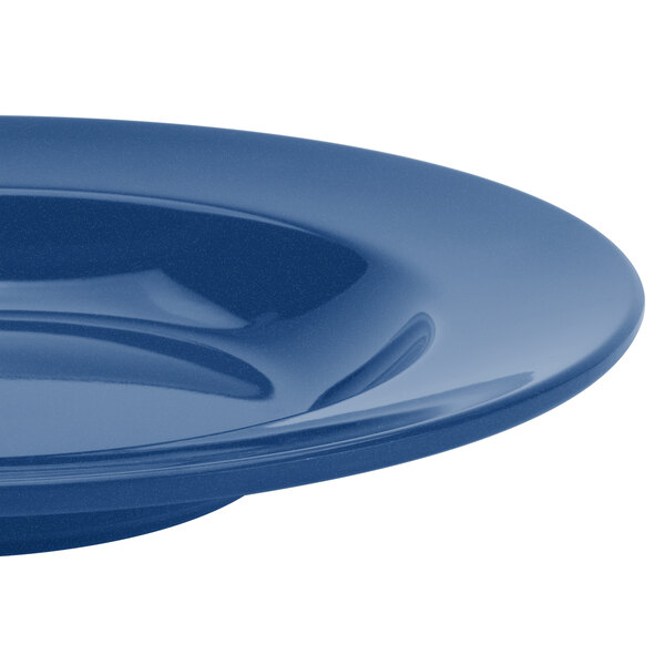 A close-up of a Texas Blue melamine bowl with a rim.